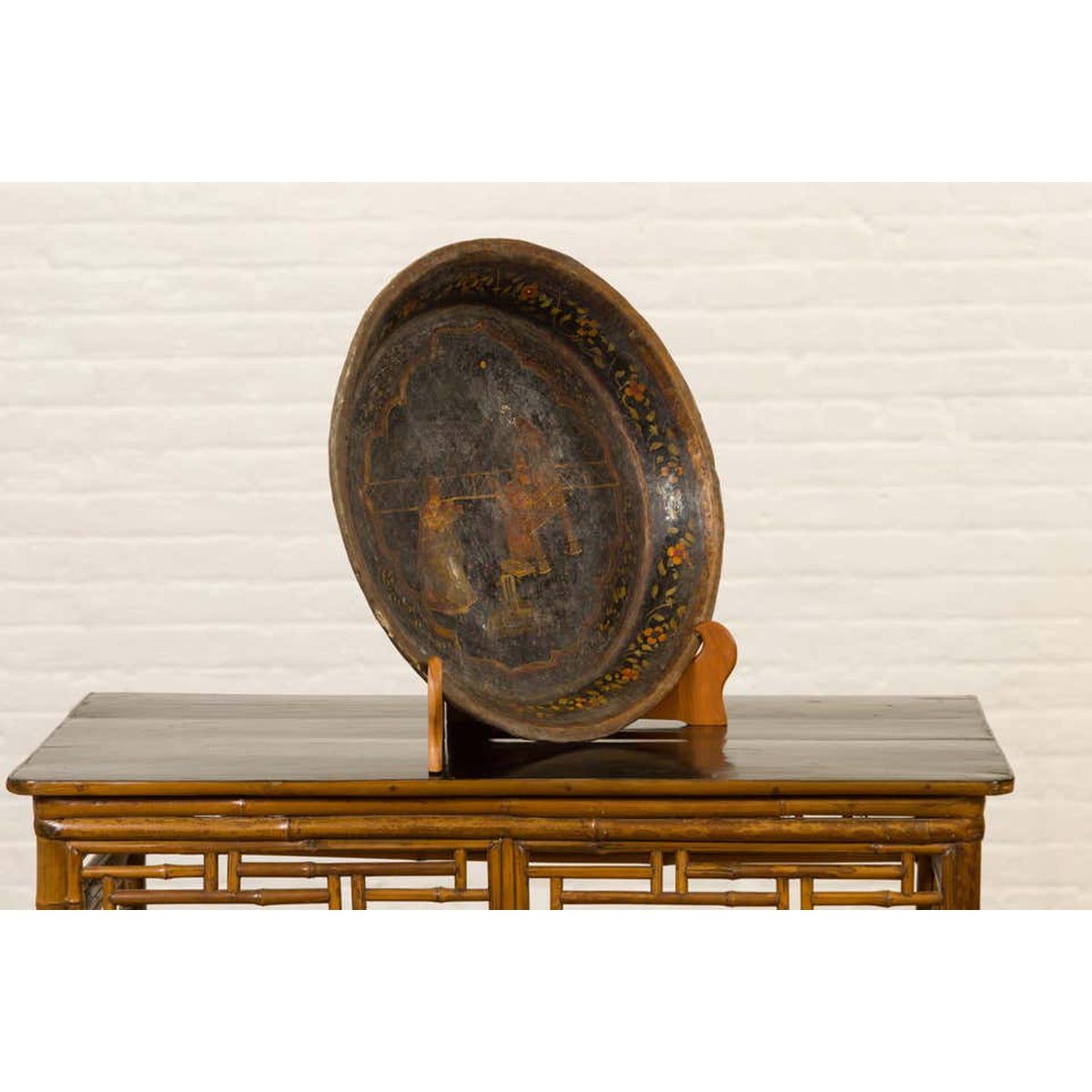 Antique Indian Market Tray with Mughal Inspired Hand Painted Décor-3. Asian &amp; Chinese Furniture, Art, Antiques, Vintage Home Décor for sale at FEA Home