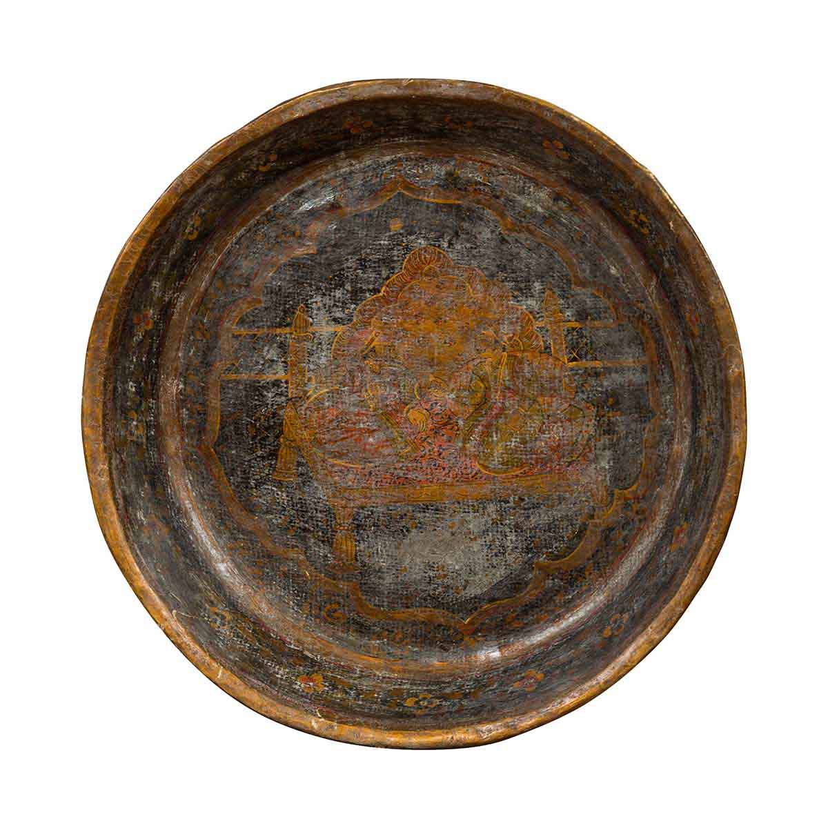 Antique Indian Market Tray with Mughal Inspired Hand Painted Décor-1. Asian & Chinese Furniture, Art, Antiques, Vintage Home Décor for sale at FEA Home