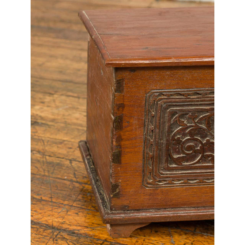 Indonesian Vintage Wooden Blanket Chest with Carved Foliage and Floral Motifs-YN6798-8. Asian & Chinese Furniture, Art, Antiques, Vintage Home Décor for sale at FEA Home