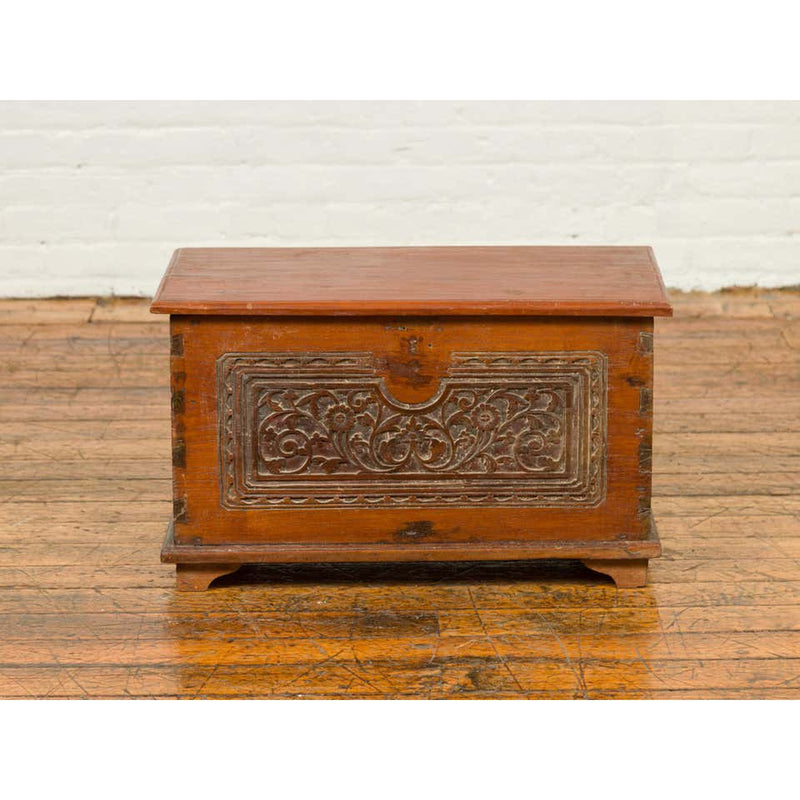 Indonesian Vintage Wooden Blanket Chest with Carved Foliage and Floral Motifs-YN6798-4. Asian & Chinese Furniture, Art, Antiques, Vintage Home Décor for sale at FEA Home