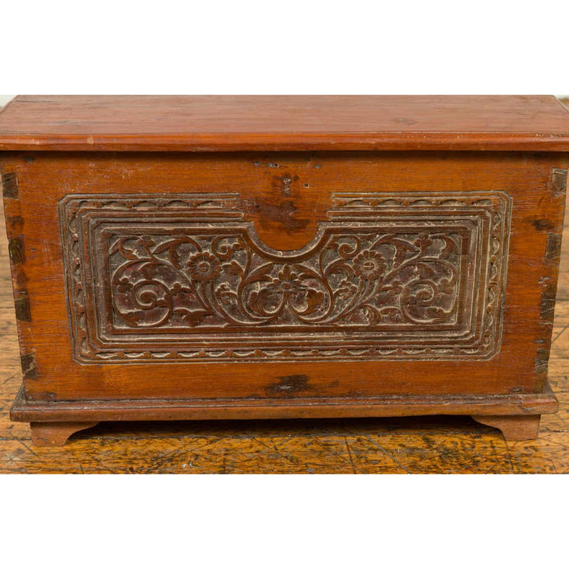 Indonesian Vintage Wooden Blanket Chest with Carved Foliage and Floral Motifs-YN6798-5. Asian & Chinese Furniture, Art, Antiques, Vintage Home Décor for sale at FEA Home