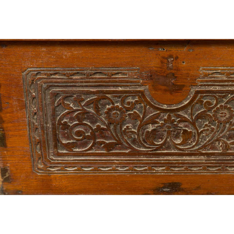 Indonesian Vintage Wooden Blanket Chest with Carved Foliage and Floral Motifs-YN6798-6. Asian & Chinese Furniture, Art, Antiques, Vintage Home Décor for sale at FEA Home