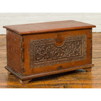 Indonesian Vintage Wooden Blanket Chest with Carved Foliage and Floral Motifs