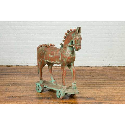 Vintage Indian Antique Wooden Horse On Wheels-YN6801-6. Asian & Chinese Furniture, Art, Antiques, Vintage Home Décor for sale at FEA Home