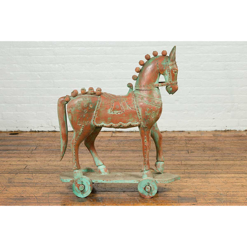 Vintage Indian Antique Wooden Horse On Wheels-YN6801-7. Asian & Chinese Furniture, Art, Antiques, Vintage Home Décor for sale at FEA Home