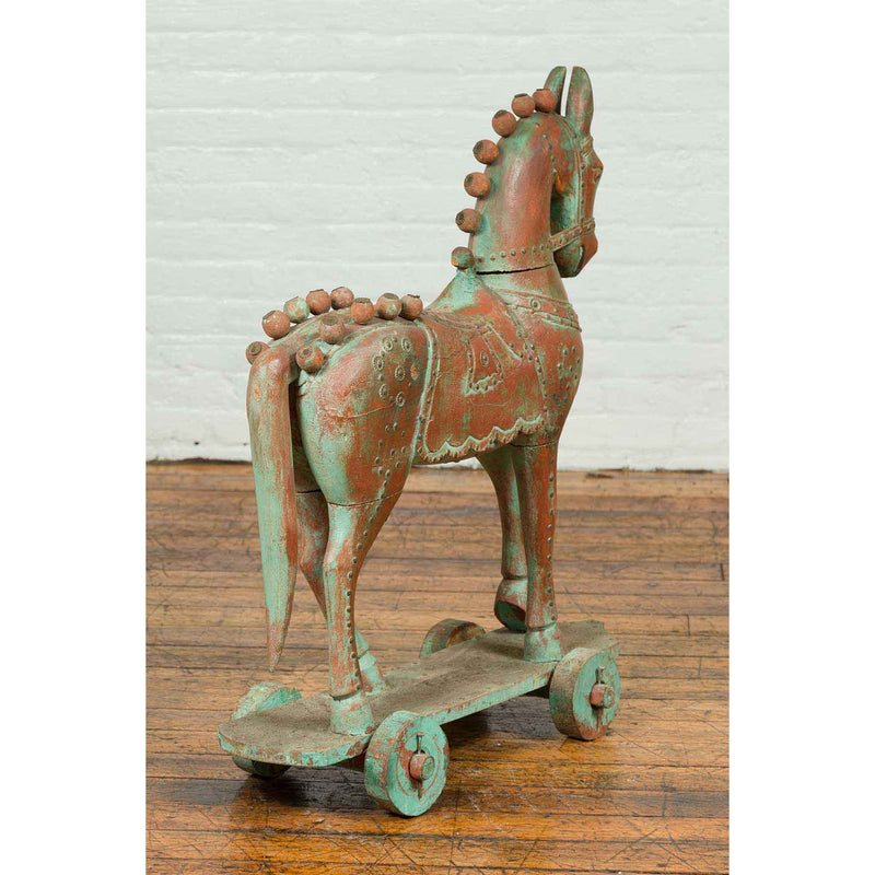 Vintage Indian Antique Wooden Horse On Wheels-YN6801-8. Asian & Chinese Furniture, Art, Antiques, Vintage Home Décor for sale at FEA Home