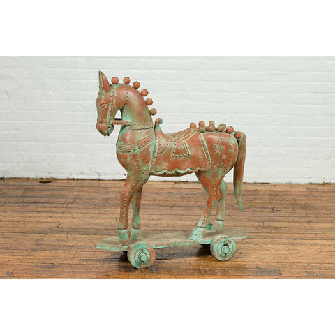 Vintage Indian Antique Wooden Horse On Wheels-YN6801-4. Asian & Chinese Furniture, Art, Antiques, Vintage Home Décor for sale at FEA Home