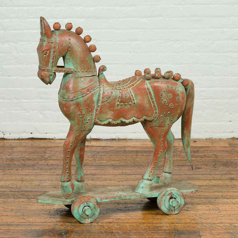 Vintage Indian Antique Wooden Horse On Wheels-YN6801-2. Asian & Chinese Furniture, Art, Antiques, Vintage Home Décor for sale at FEA Home