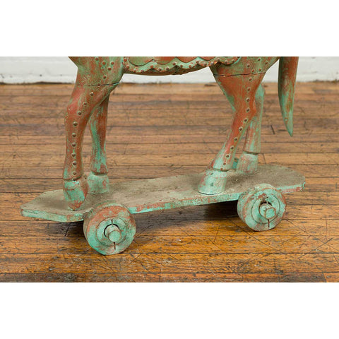 Vintage Indian Antique Wooden Horse On Wheels-YN6801-13. Asian & Chinese Furniture, Art, Antiques, Vintage Home Décor for sale at FEA Home