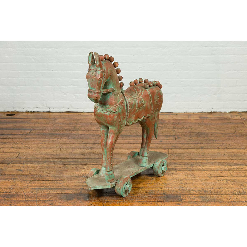 Vintage Indian Antique Wooden Horse On Wheels-YN6801-3. Asian & Chinese Furniture, Art, Antiques, Vintage Home Décor for sale at FEA Home