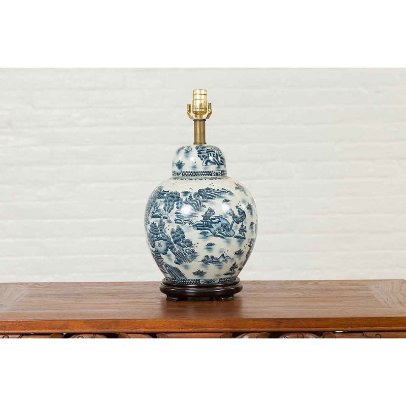 Vintage Chinese Blue and white Porcelain Lamp with Architectures and Landscapes-YN6808-10. Asian & Chinese Furniture, Art, Antiques, Vintage Home Décor for sale at FEA Home