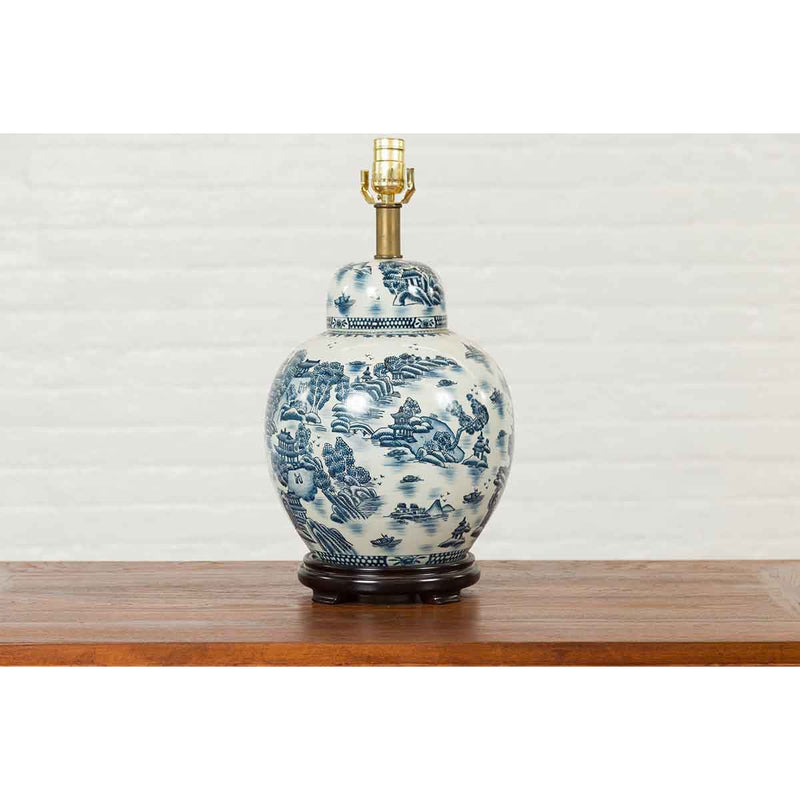 Vintage Chinese Blue and white Porcelain Lamp with Architectures and Landscapes-YN6808-11. Asian & Chinese Furniture, Art, Antiques, Vintage Home Décor for sale at FEA Home
