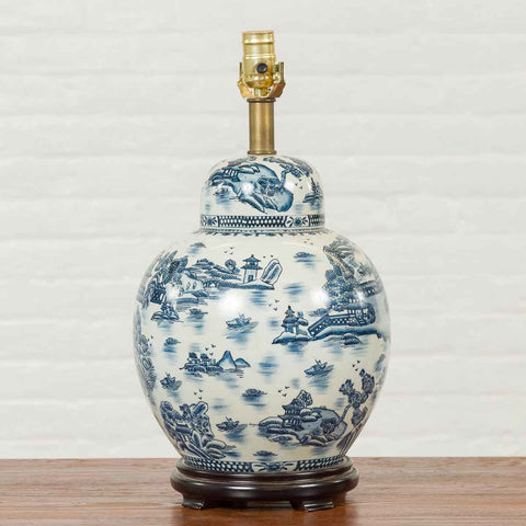 Vintage Chinese Blue and white Porcelain Lamp with Architectures and Landscapes-YN6808-2. Asian & Chinese Furniture, Art, Antiques, Vintage Home Décor for sale at FEA Home