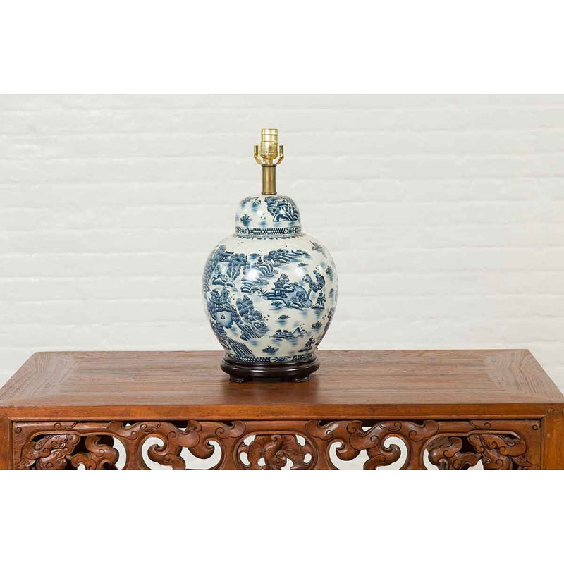 Vintage Chinese Blue and white Porcelain Lamp with Architectures and Landscapes-YN6808-5. Asian & Chinese Furniture, Art, Antiques, Vintage Home Décor for sale at FEA Home