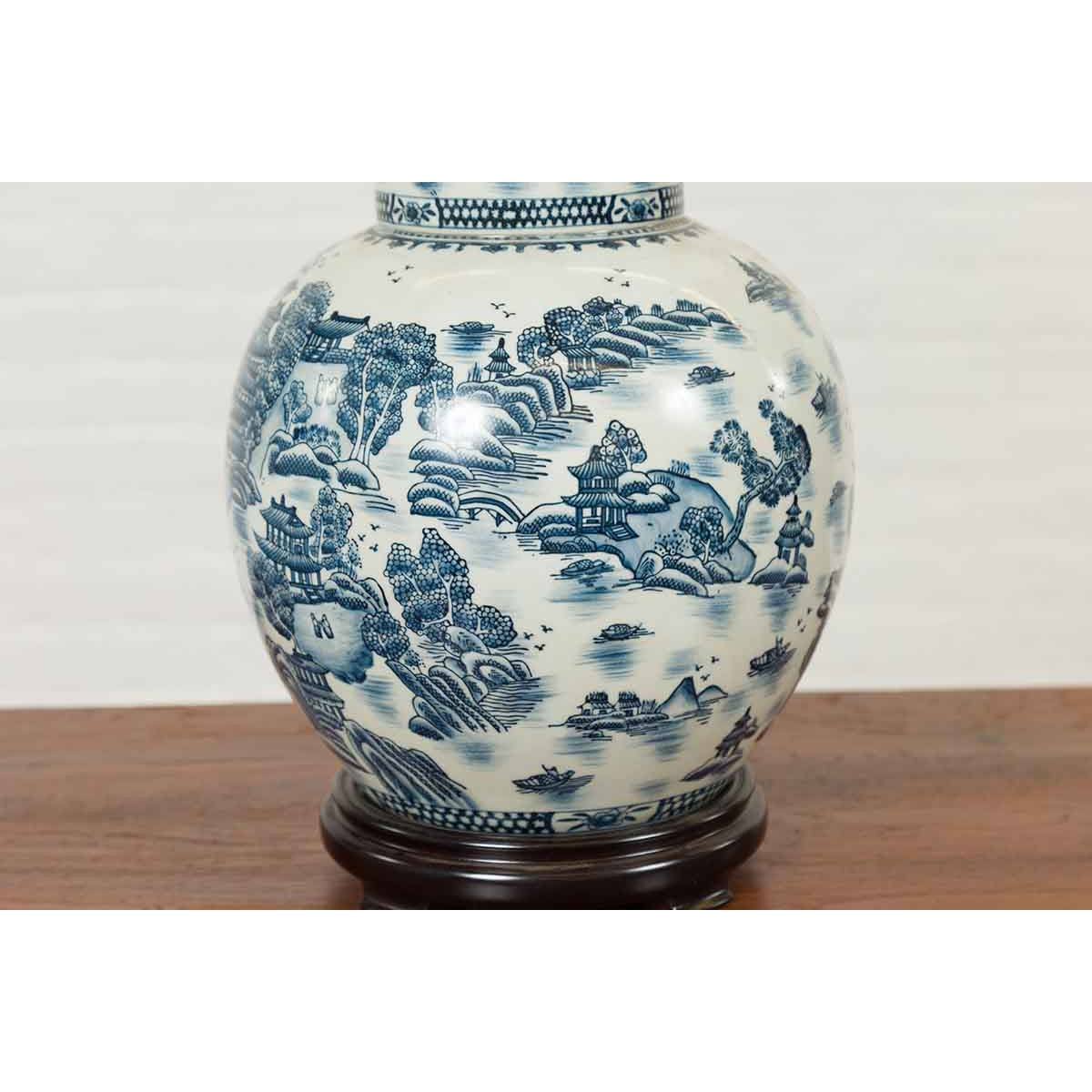 Vintage Chinese Blue and white Porcelain Lamp with Architectures and Landscapes-7. Asian &amp; Chinese Furniture, Art, Antiques, Vintage Home Décor for sale at FEA Home