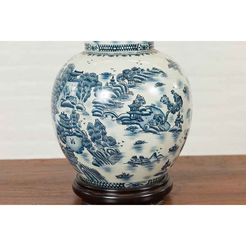 Vintage Chinese Blue and white Porcelain Lamp with Architectures and Landscapes-YN6808-7. Asian & Chinese Furniture, Art, Antiques, Vintage Home Décor for sale at FEA Home