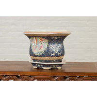 Chinese Hexagonal Planter with Hand Painted Courtyard Scenes Depicting Maidens