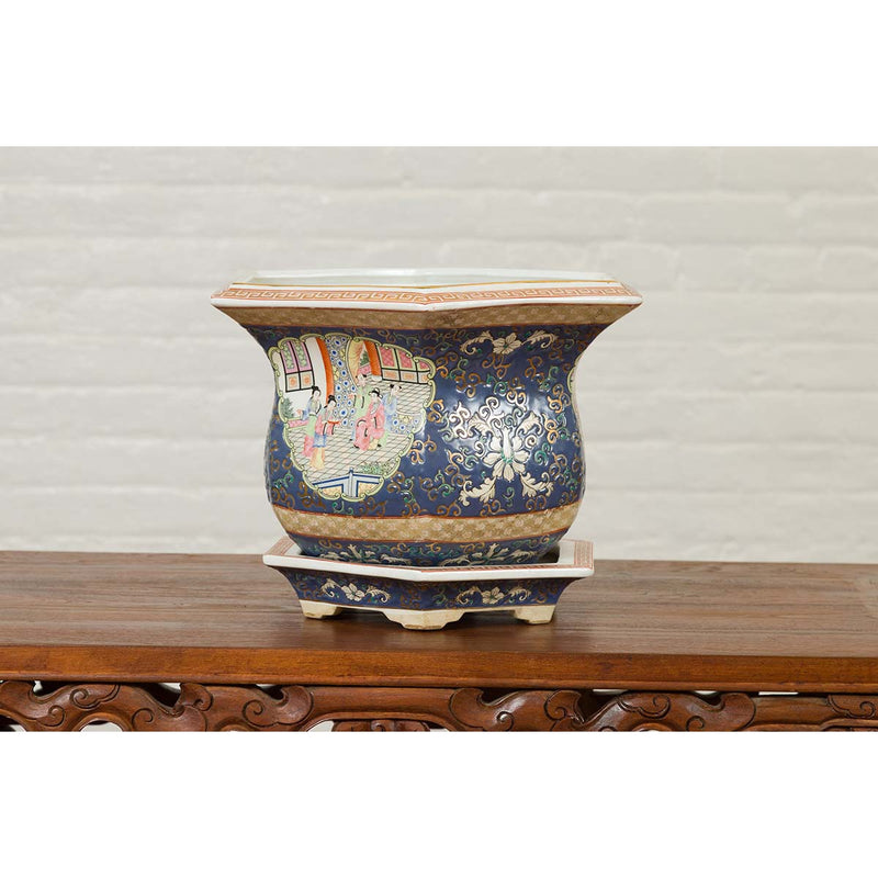 Chinese Hexagonal Planter with Hand Painted Courtyard Scenes Depicting Maidens-YN6810-12. Asian & Chinese Furniture, Art, Antiques, Vintage Home Décor for sale at FEA Home