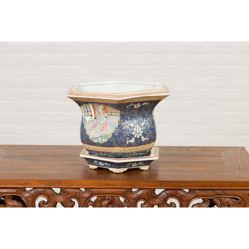 Chinese Hexagonal Planter with Hand Painted Courtyard Scenes Depicting Maidens-YN6810-14. Asian & Chinese Furniture, Art, Antiques, Vintage Home Décor for sale at FEA Home