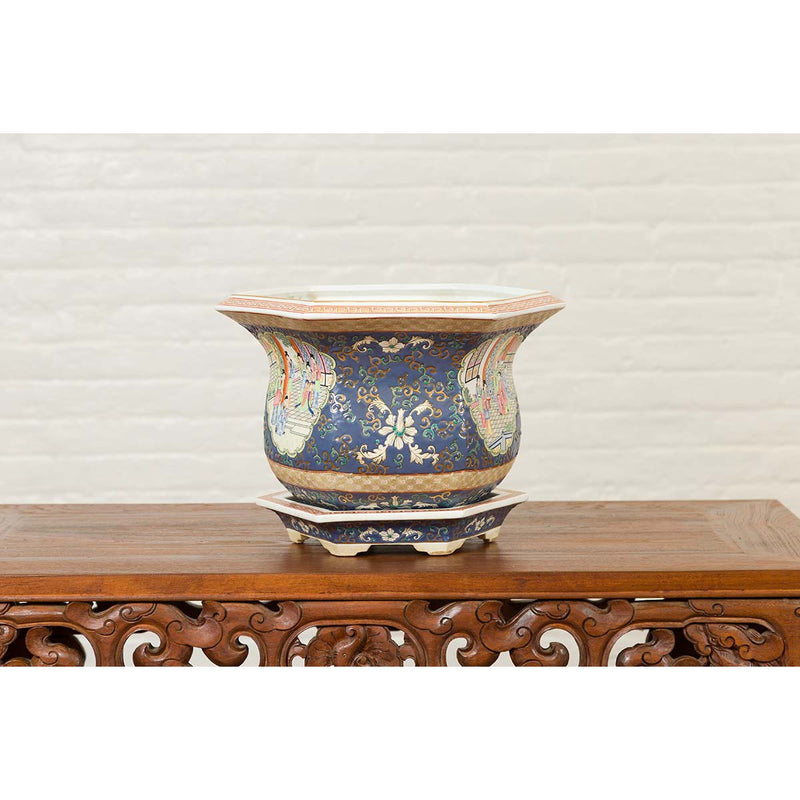 Chinese Hexagonal Planter with Hand Painted Courtyard Scenes Depicting Maidens-YN6810-15. Asian & Chinese Furniture, Art, Antiques, Vintage Home Décor for sale at FEA Home