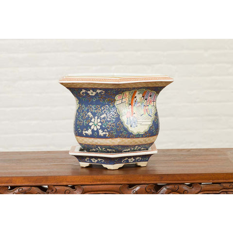 Chinese Hexagonal Planter with Hand Painted Courtyard Scenes Depicting Maidens-YN6810-16. Asian & Chinese Furniture, Art, Antiques, Vintage Home Décor for sale at FEA Home