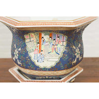 Chinese Hexagonal Planter with Hand Painted Courtyard Scenes Depicting Maidens