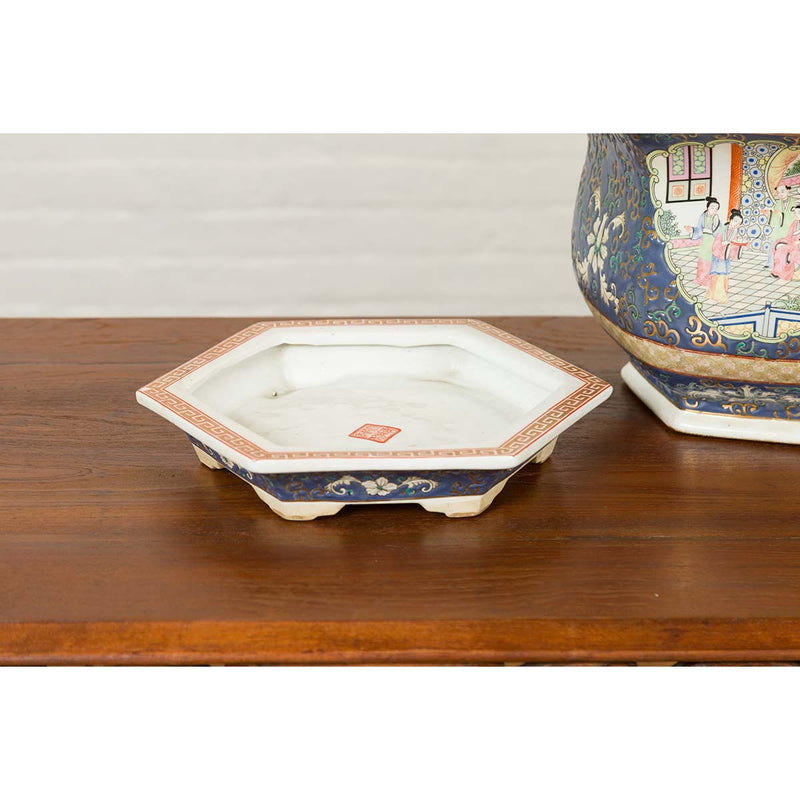 Chinese Hexagonal Planter with Hand Painted Courtyard Scenes Depicting Maidens-YN6810-10. Asian & Chinese Furniture, Art, Antiques, Vintage Home Décor for sale at FEA Home