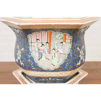 Chinese Hexagonal Planter with Hand Painted Courtyard Scenes Depicting Maidens