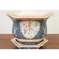 Chinese Hexagonal Planter with Hand Painted Courtyard Scenes Depicting Maidens