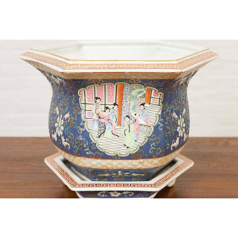 Chinese Hexagonal Planter with Hand Painted Courtyard Scenes Depicting Maidens-YN6810-6. Asian & Chinese Furniture, Art, Antiques, Vintage Home Décor for sale at FEA Home