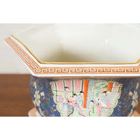 Chinese Hexagonal Planter with Hand Painted Courtyard Scenes Depicting Maidens