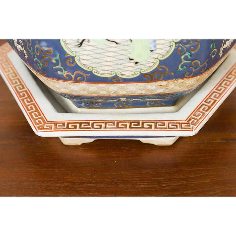 Chinese Hexagonal Planter with Hand Painted Courtyard Scenes Depicting Maidens-YN6810-9. Asian & Chinese Furniture, Art, Antiques, Vintage Home Décor for sale at FEA Home