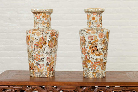 Pair of Chinese Vintage Japanese Kutani Style Vases with Flowers and Butterflies-YN6812-7. Asian & Chinese Furniture, Art, Antiques, Vintage Home Décor for sale at FEA Home