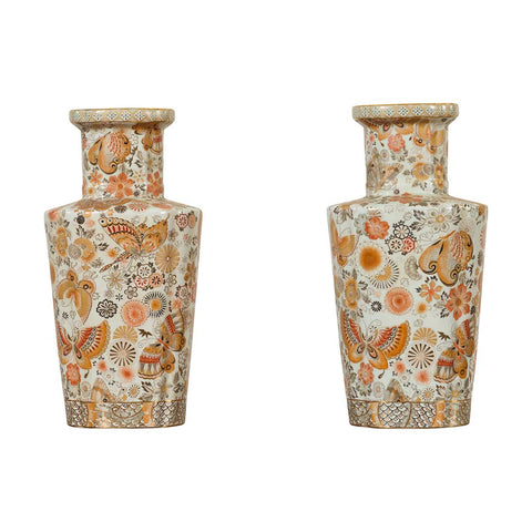 Pair of Chinese Vintage Japanese Kutani Style Vases with Flowers and Butterflies-YN6812-1. Asian & Chinese Furniture, Art, Antiques, Vintage Home Décor for sale at FEA Home