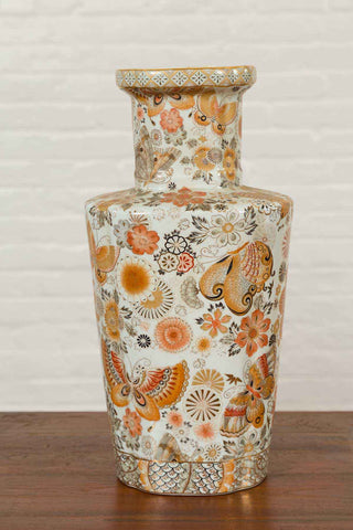 Pair of Chinese Vintage Japanese Kutani Style Vases with Flowers and Butterflies-YN6812-11. Asian & Chinese Furniture, Art, Antiques, Vintage Home Décor for sale at FEA Home