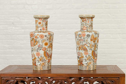 Pair of Chinese Vintage Japanese Kutani Style Vases with Flowers and Butterflies-YN6812-6. Asian & Chinese Furniture, Art, Antiques, Vintage Home Décor for sale at FEA Home