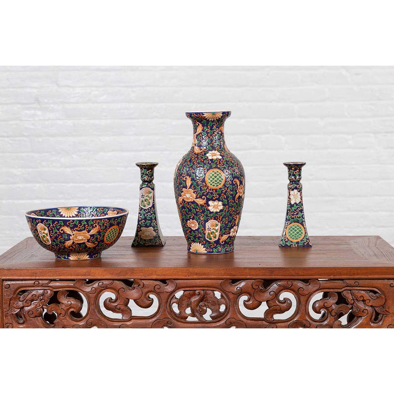 Contemporary Hand Painted Chinese Floral Decor Bowl with Cobalt Blue Ground-4. Asian & Chinese Furniture, Art, Antiques, Vintage Home Décor for sale at FEA Home