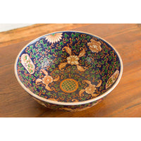 Contemporary Hand Painted Chinese Floral Decor Bowl with Cobalt Blue Ground