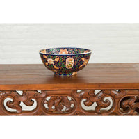 Contemporary Hand Painted Chinese Floral Decor Bowl with Cobalt Blue Ground