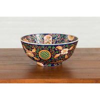 Contemporary Hand Painted Chinese Floral Decor Bowl with Cobalt Blue Ground