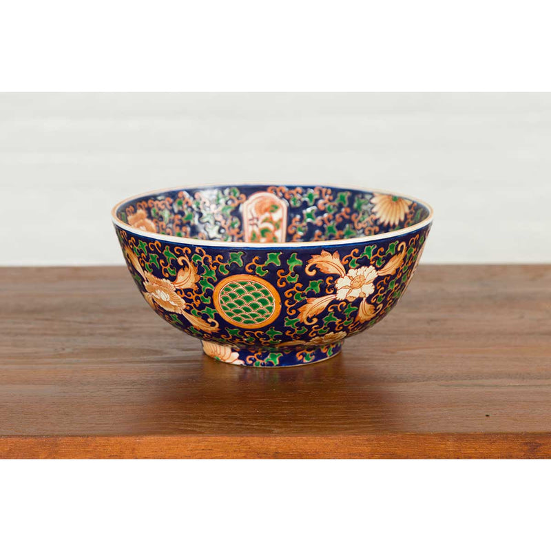 Contemporary Hand Painted Chinese Floral Decor Bowl with Cobalt Blue Ground-YN6816-12. Asian & Chinese Furniture, Art, Antiques, Vintage Home Décor for sale at FEA Home