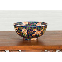 Contemporary Hand Painted Chinese Floral Decor Bowl with Cobalt Blue Ground