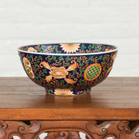 Contemporary Hand Painted Chinese Floral Decor Bowl with Cobalt Blue Ground