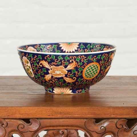 Contemporary Hand Painted Chinese Floral Decor Bowl with Cobalt Blue Ground-YN6816-5. Asian & Chinese Furniture, Art, Antiques, Vintage Home Décor for sale at FEA Home