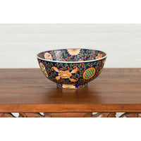 Contemporary Hand Painted Chinese Floral Decor Bowl with Cobalt Blue Ground