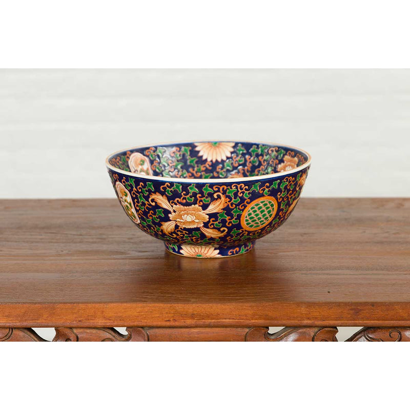 Contemporary Hand Painted Chinese Floral Decor Bowl with Cobalt Blue Ground-YN6816-7. Asian & Chinese Furniture, Art, Antiques, Vintage Home Décor for sale at FEA Home