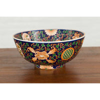 Contemporary Hand Painted Chinese Floral Decor Bowl with Cobalt Blue Ground