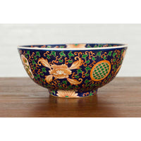 Contemporary Hand Painted Chinese Floral Decor Bowl with Cobalt Blue Ground