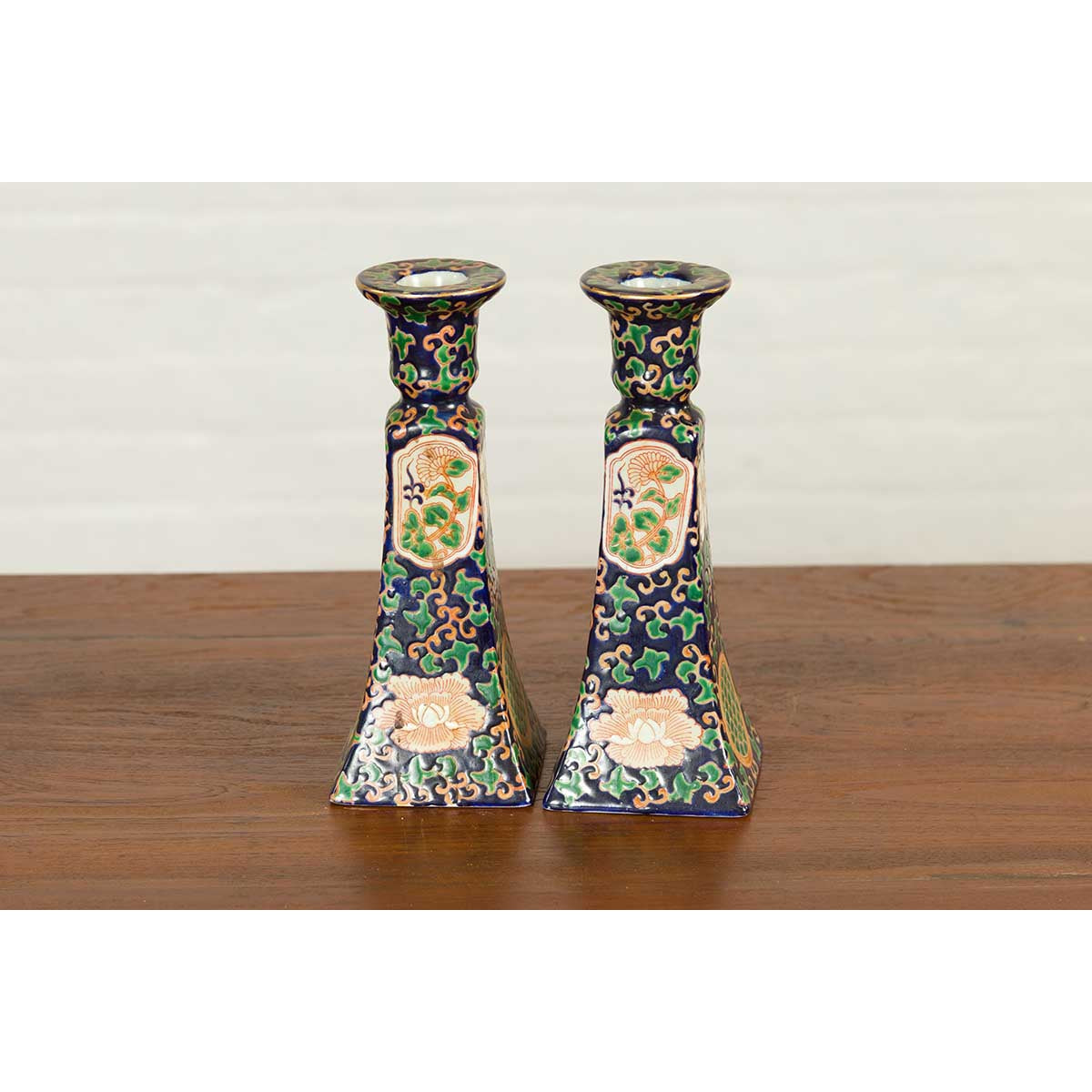 Pair of Chinese Hand Painted Candlesticks with Cobalt Blue Ground and Cartouches-9. Asian &amp; Chinese Furniture, Art, Antiques, Vintage Home Décor for sale at FEA Home