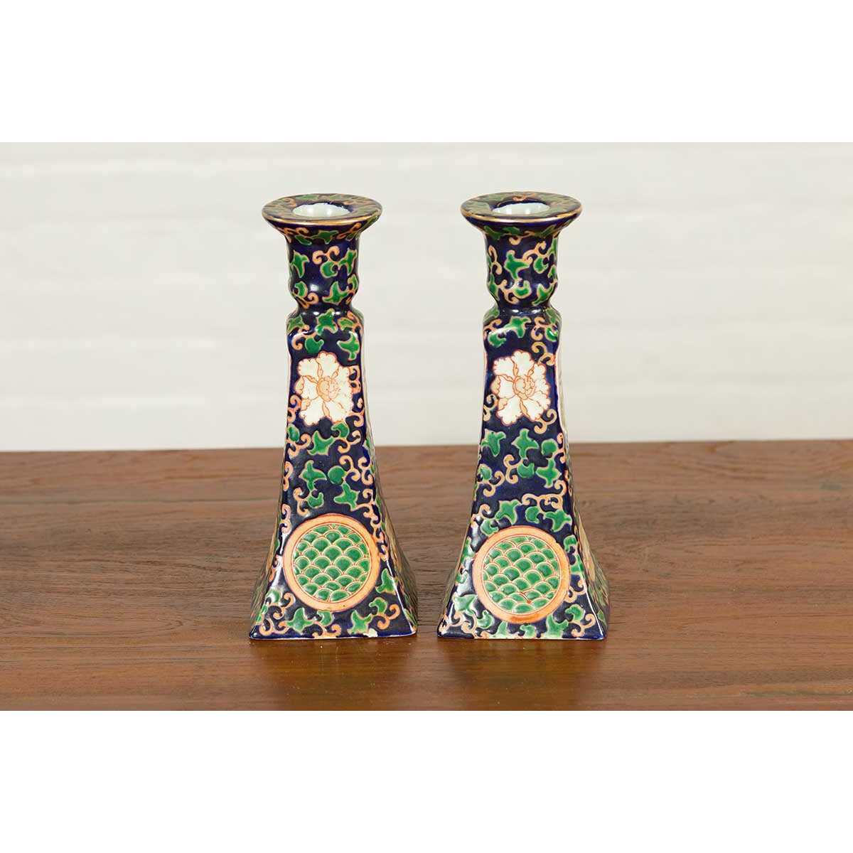 Pair of Chinese Hand Painted Candlesticks with Cobalt Blue Ground and Cartouches-10. Asian &amp; Chinese Furniture, Art, Antiques, Vintage Home Décor for sale at FEA Home